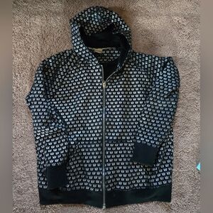 Black Zip Hoodie with Repeating White Crown Motif